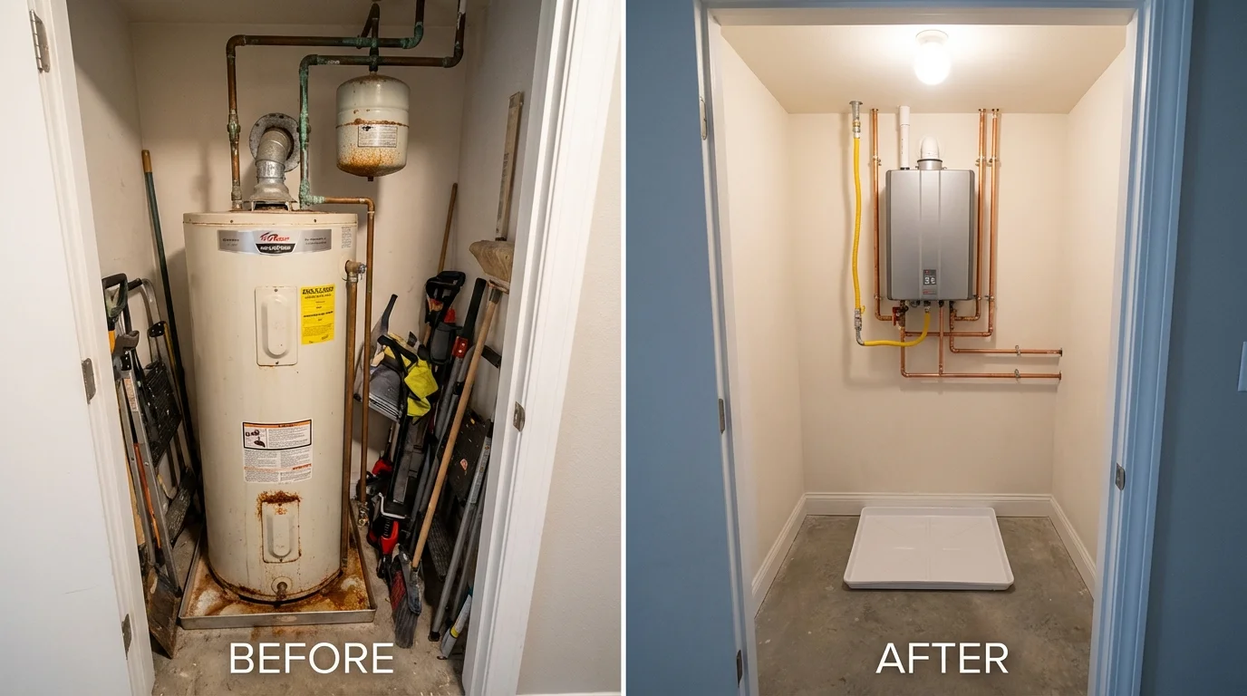 Tank water heater versus wall-mounted tankless unit comparison for Warren, RI homeowners
