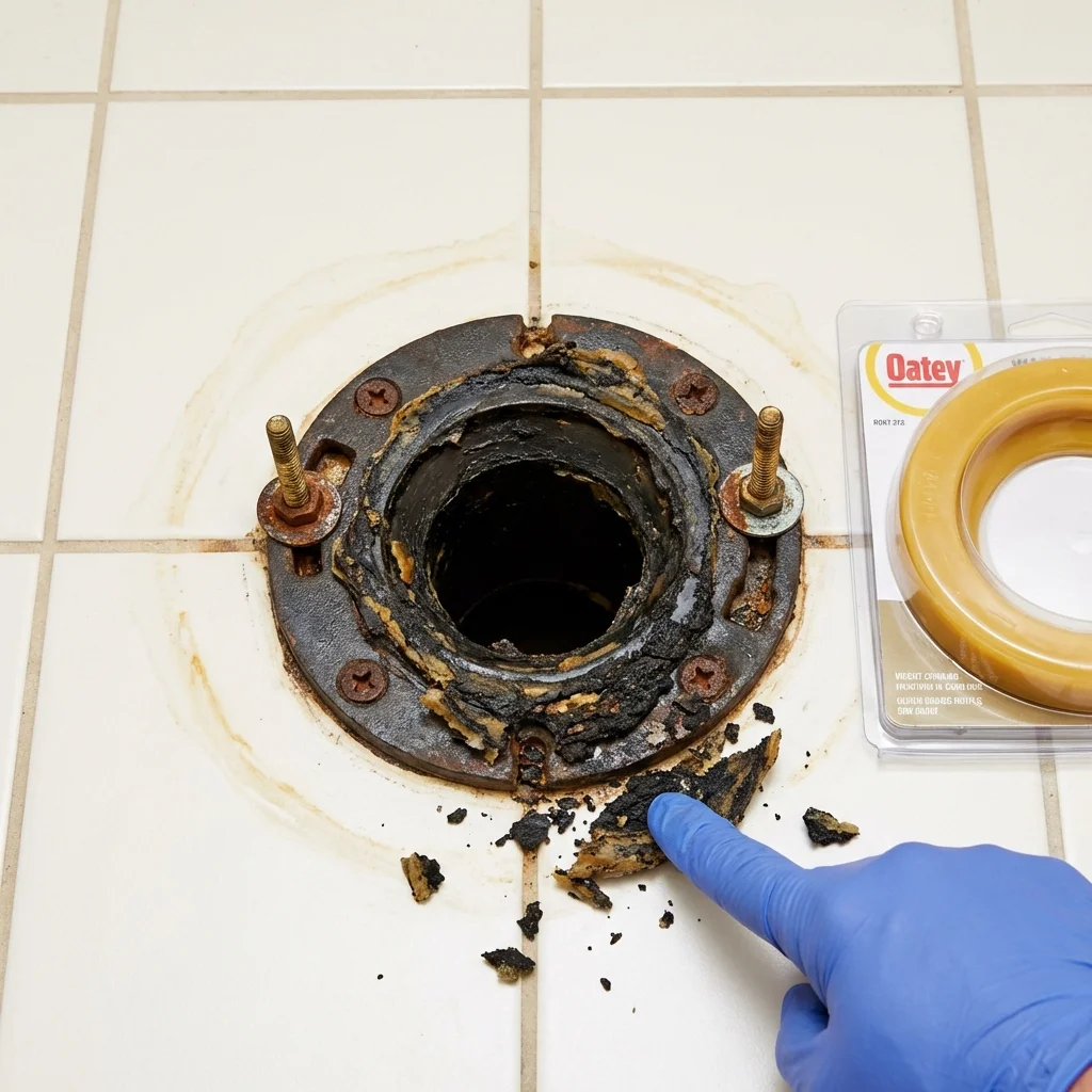 Failed wax ring showing water seepage at the base of a toilet in a Warren, RI home