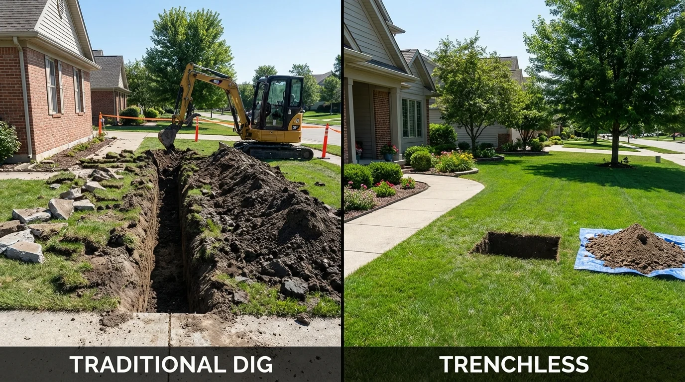 Trenchless sewer repair with minimal yard damage versus traditional excavation in Warren, RI